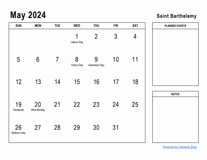 May 2024 Printable Monthly Calendar with Saint Barthelemy Holidays