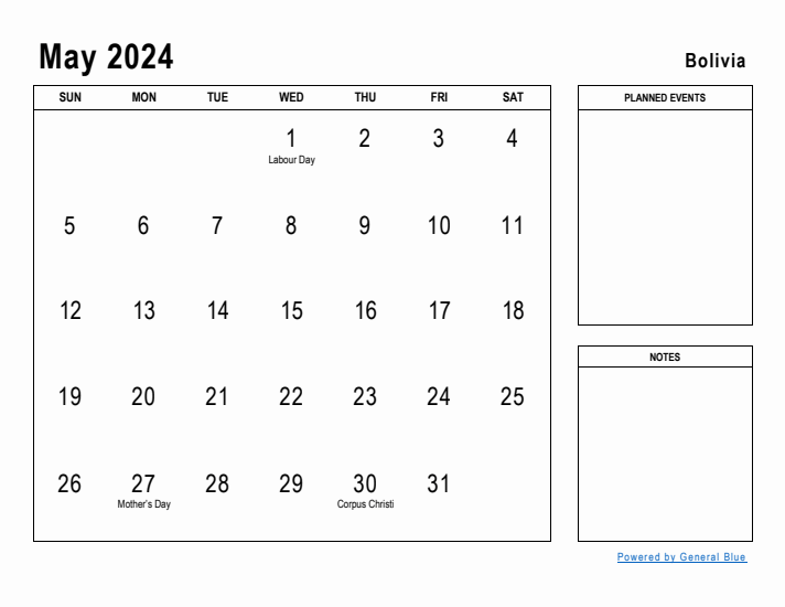 May 2024 Printable Monthly Calendar with Bolivia Holidays