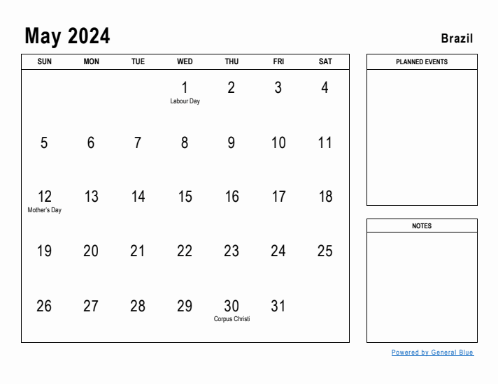 May 2024 Printable Monthly Calendar with Brazil Holidays