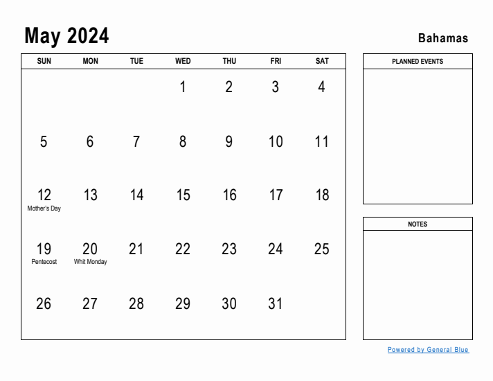 May 2024 Printable Monthly Calendar with Bahamas Holidays