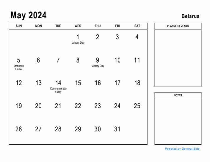 May 2024 Printable Monthly Calendar with Belarus Holidays