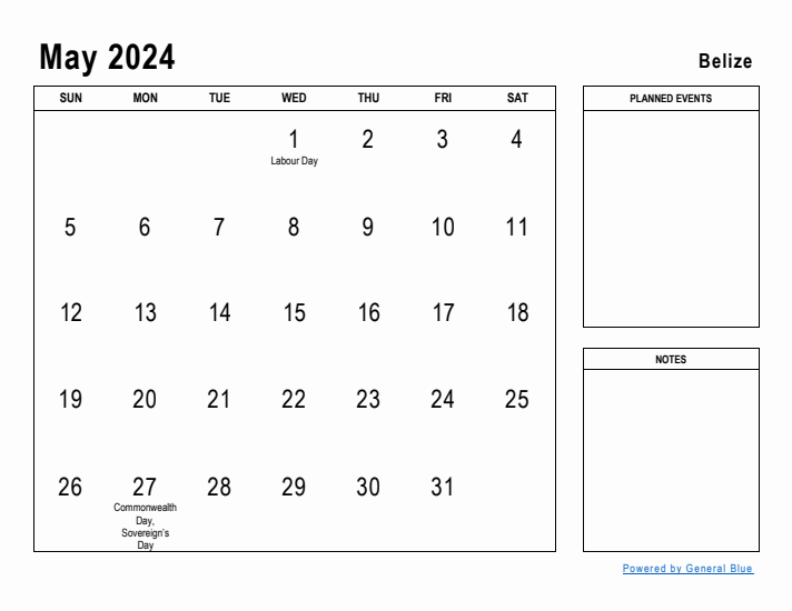 May 2024 Printable Monthly Calendar with Belize Holidays