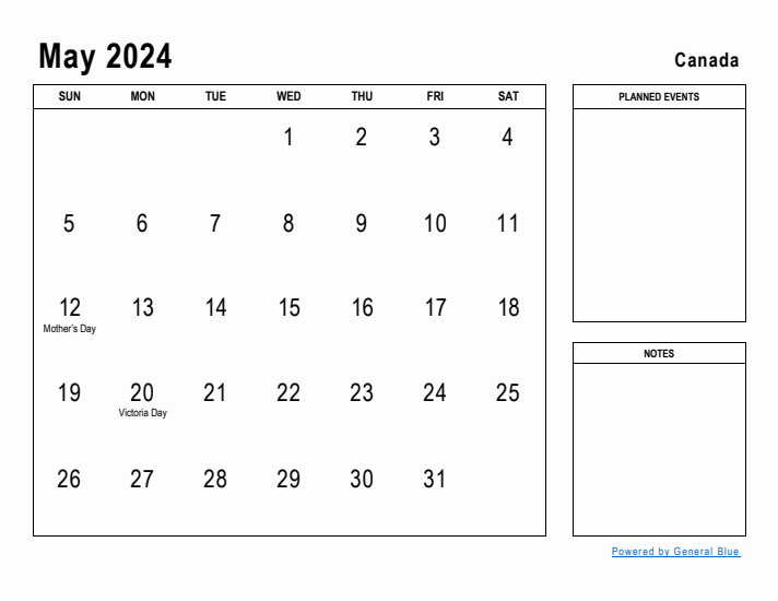 May 2024 Printable Monthly Calendar with Canada Holidays