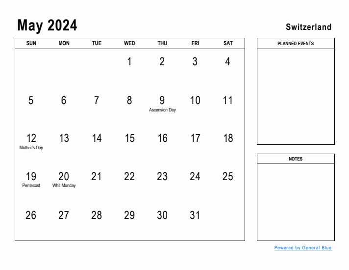 May 2024 Printable Monthly Calendar with Switzerland Holidays