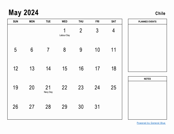 May 2024 Printable Monthly Calendar with Chile Holidays