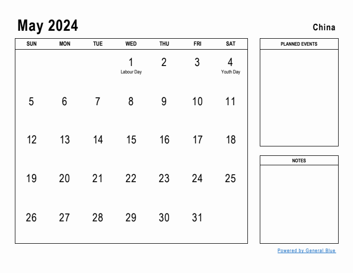 May 2024 Printable Monthly Calendar with China Holidays