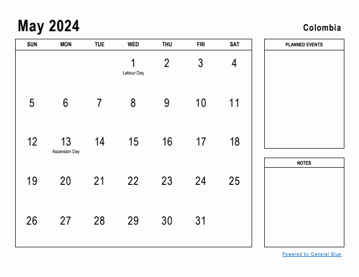 May 2024 Printable Monthly Calendar with Colombia Holidays