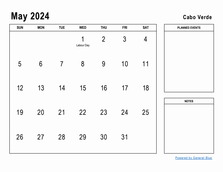 May 2024 Printable Monthly Calendar with Cabo Verde Holidays