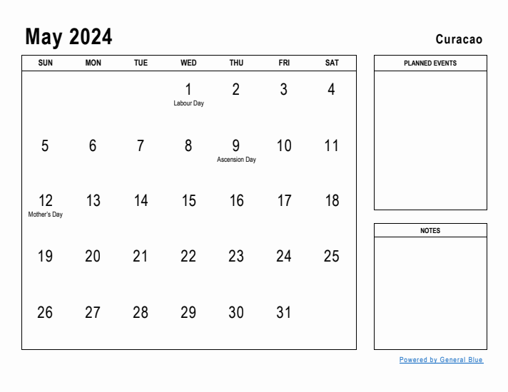 May 2024 Printable Monthly Calendar with Curacao Holidays