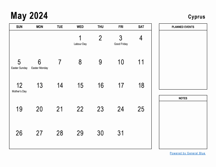 May 2024 Printable Monthly Calendar with Cyprus Holidays