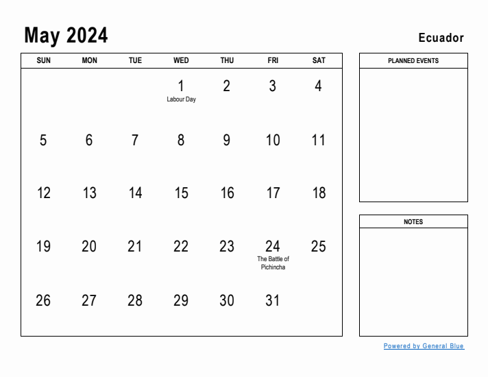 May 2024 Printable Monthly Calendar with Ecuador Holidays