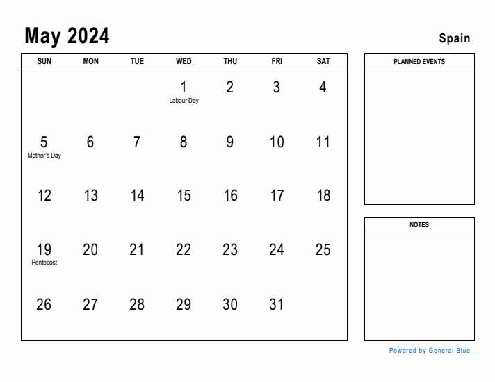 May 2024 Printable Monthly Calendar with Spain Holidays