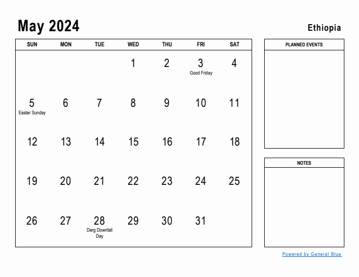 May 2024 Printable Monthly Calendar with Ethiopia Holidays