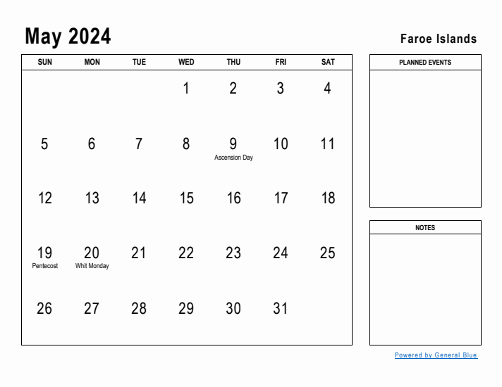 May 2024 Printable Monthly Calendar with Faroe Islands Holidays