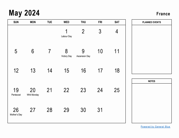 May 2024 Printable Monthly Calendar with France Holidays