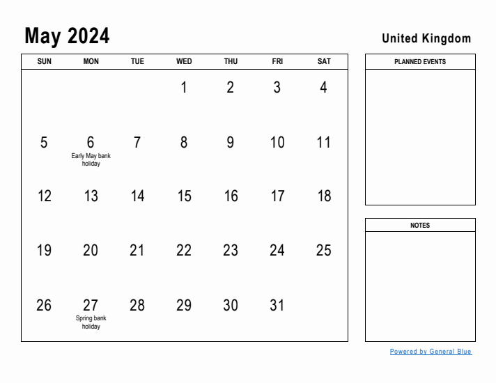 May 2024 Printable Monthly Calendar with United Kingdom Holidays