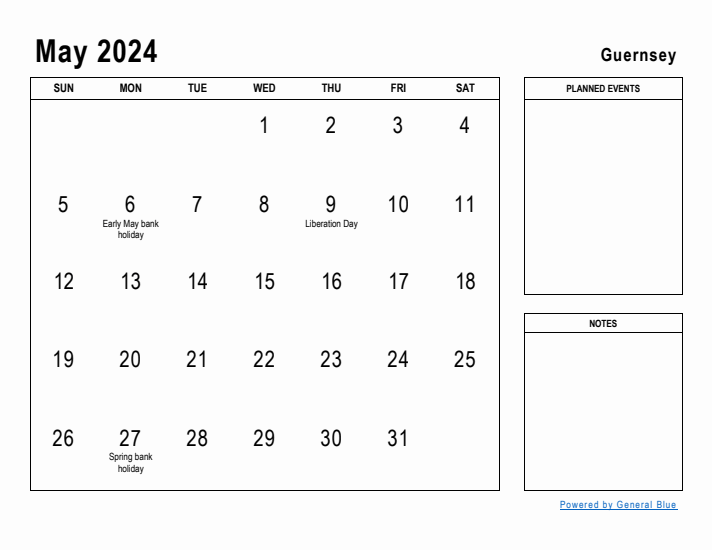 May 2024 Printable Monthly Calendar with Guernsey Holidays