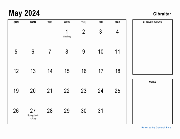 May 2024 Printable Monthly Calendar with Gibraltar Holidays