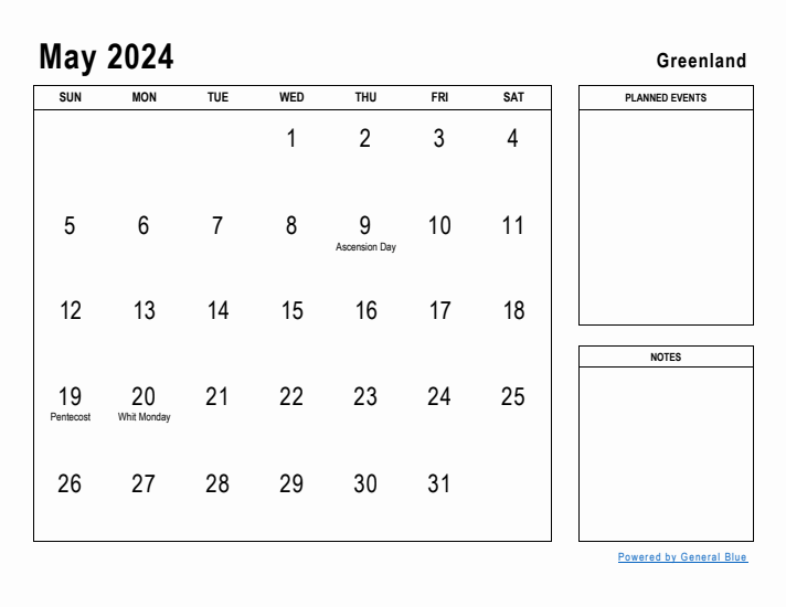 May 2024 Printable Monthly Calendar with Greenland Holidays