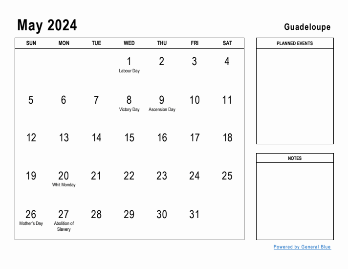 May 2024 Printable Monthly Calendar with Guadeloupe Holidays