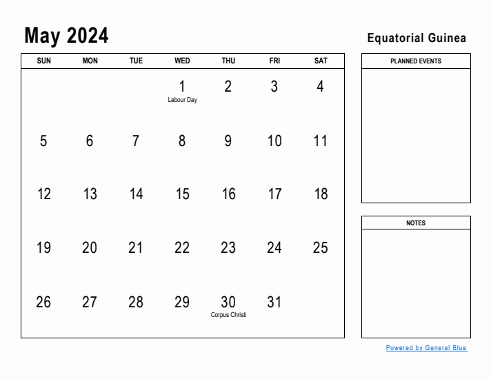 May 2024 Printable Monthly Calendar with Equatorial Guinea Holidays