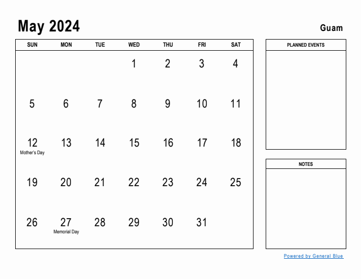 May 2024 Printable Monthly Calendar with Guam Holidays