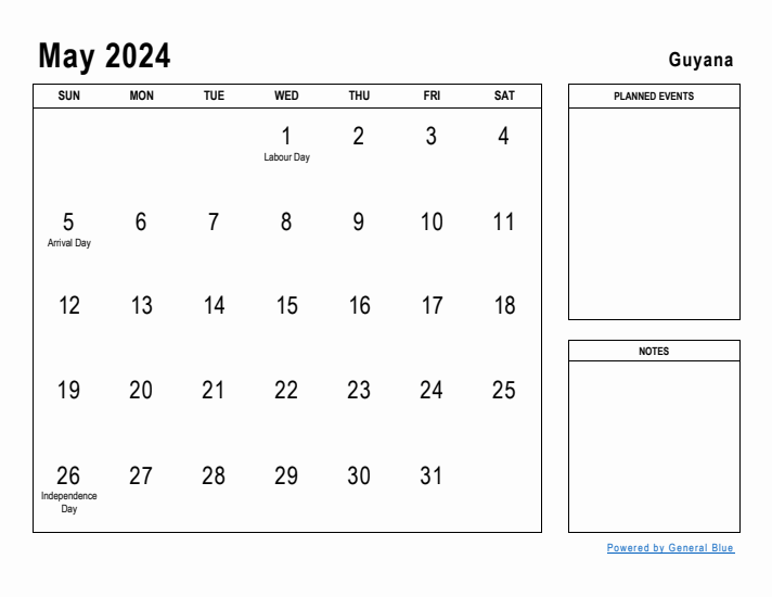 May 2024 Printable Monthly Calendar with Guyana Holidays