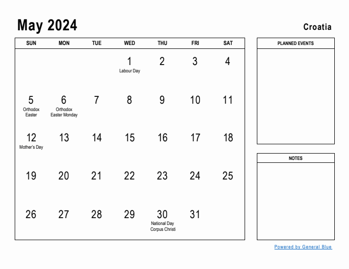 May 2024 Printable Monthly Calendar with Croatia Holidays