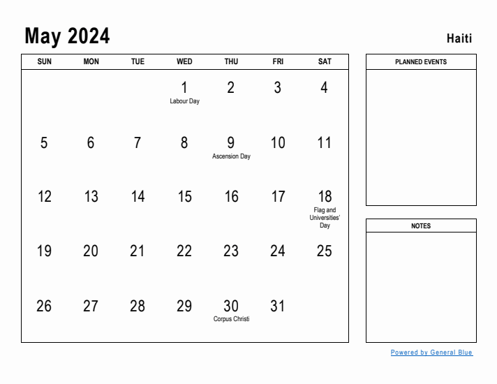 May 2024 Printable Monthly Calendar with Haiti Holidays