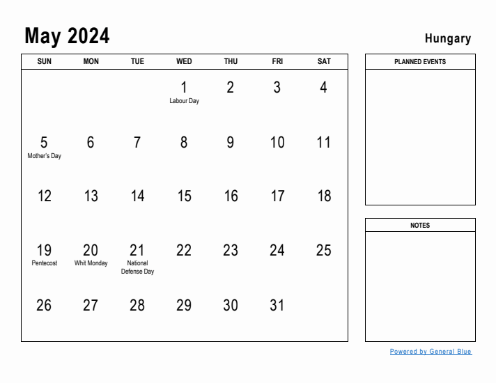 May 2024 Printable Monthly Calendar with Hungary Holidays