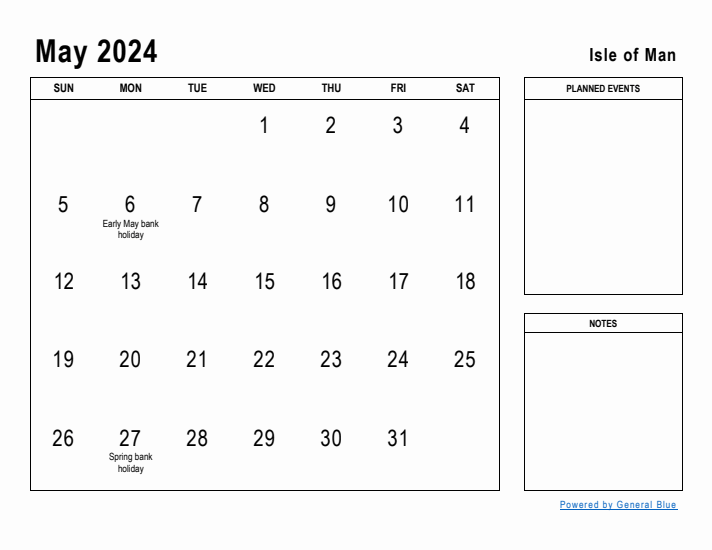 May 2024 Printable Monthly Calendar with Isle of Man Holidays