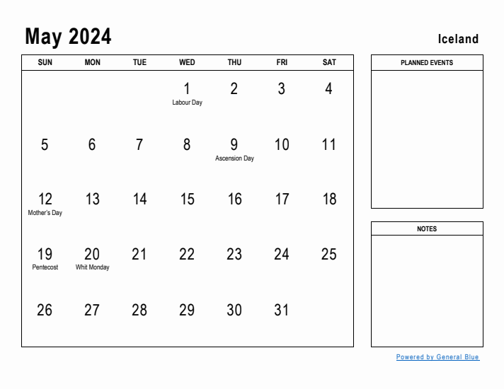 May 2024 Printable Monthly Calendar with Iceland Holidays