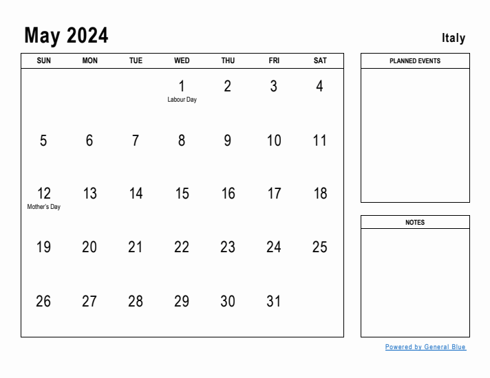 May 2024 Printable Monthly Calendar with Italy Holidays