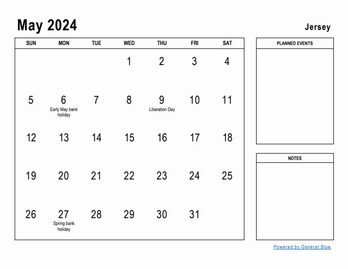 May 2024 Printable Monthly Calendar with Jersey Holidays