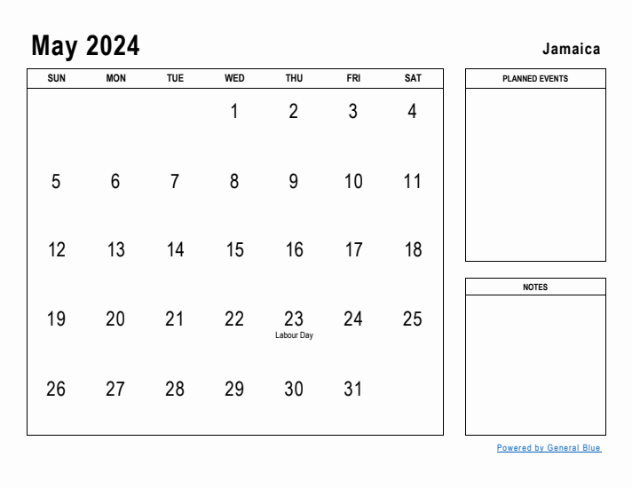 May 2024 Printable Monthly Calendar with Jamaica Holidays