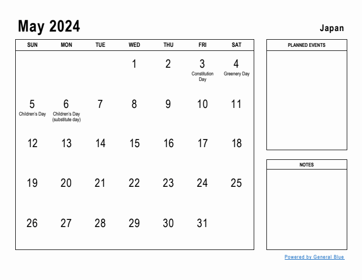 May 2024 Printable Monthly Calendar with Japan Holidays