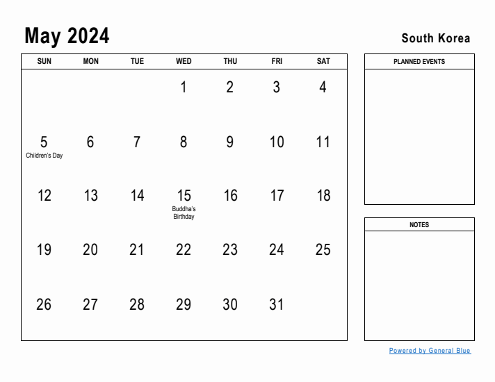 May 2024 Printable Monthly Calendar with South Korea Holidays