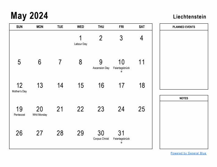 May 2024 Printable Monthly Calendar with Liechtenstein Holidays