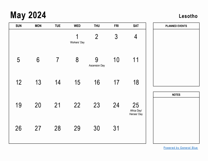 May 2024 Printable Monthly Calendar with Lesotho Holidays