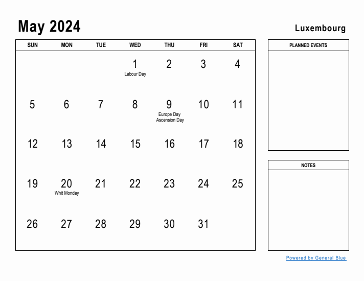 May 2024 Printable Monthly Calendar with Luxembourg Holidays