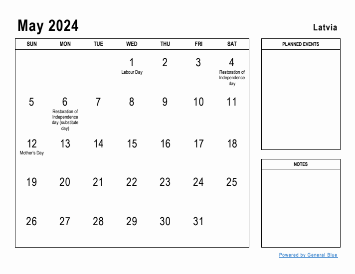 May 2024 Printable Monthly Calendar with Latvia Holidays