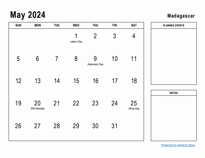 May 2024 Printable Monthly Calendar with Madagascar Holidays