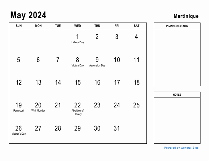 May 2024 Printable Monthly Calendar with Martinique Holidays