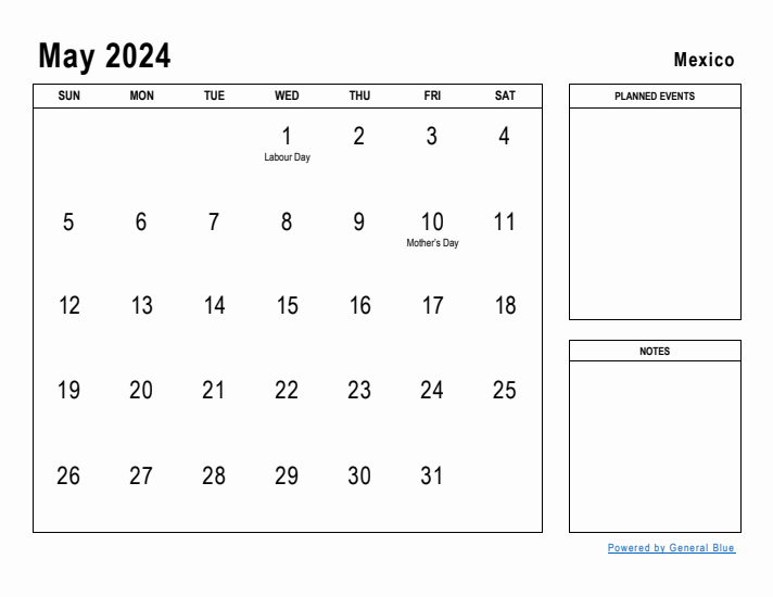 May 2024 Printable Monthly Calendar with Mexico Holidays