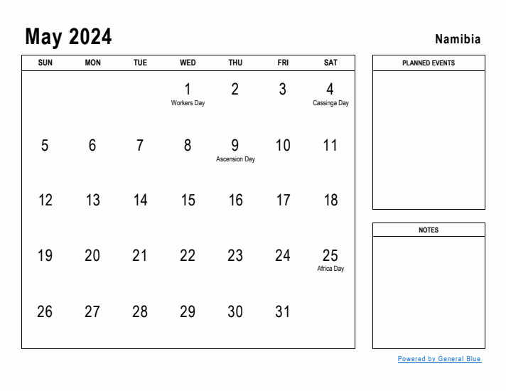 May 2024 Printable Monthly Calendar with Namibia Holidays