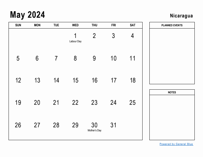 May 2024 Printable Monthly Calendar with Nicaragua Holidays