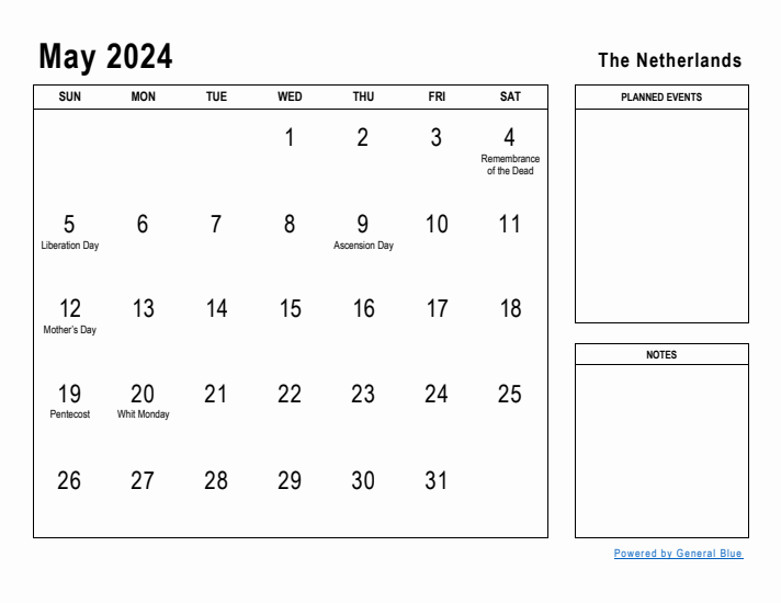 May 2024 Printable Monthly Calendar with The Netherlands Holidays