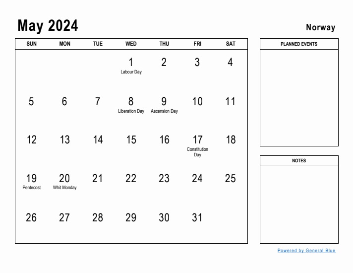 May 2024 Printable Monthly Calendar with Norway Holidays