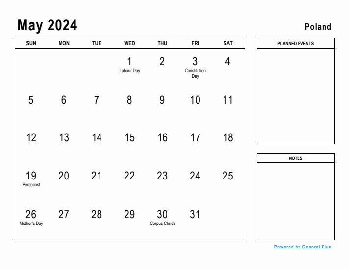 May 2024 Printable Monthly Calendar with Poland Holidays