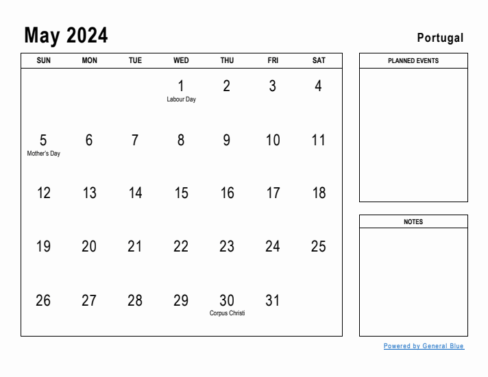 May 2024 Printable Monthly Calendar with Portugal Holidays